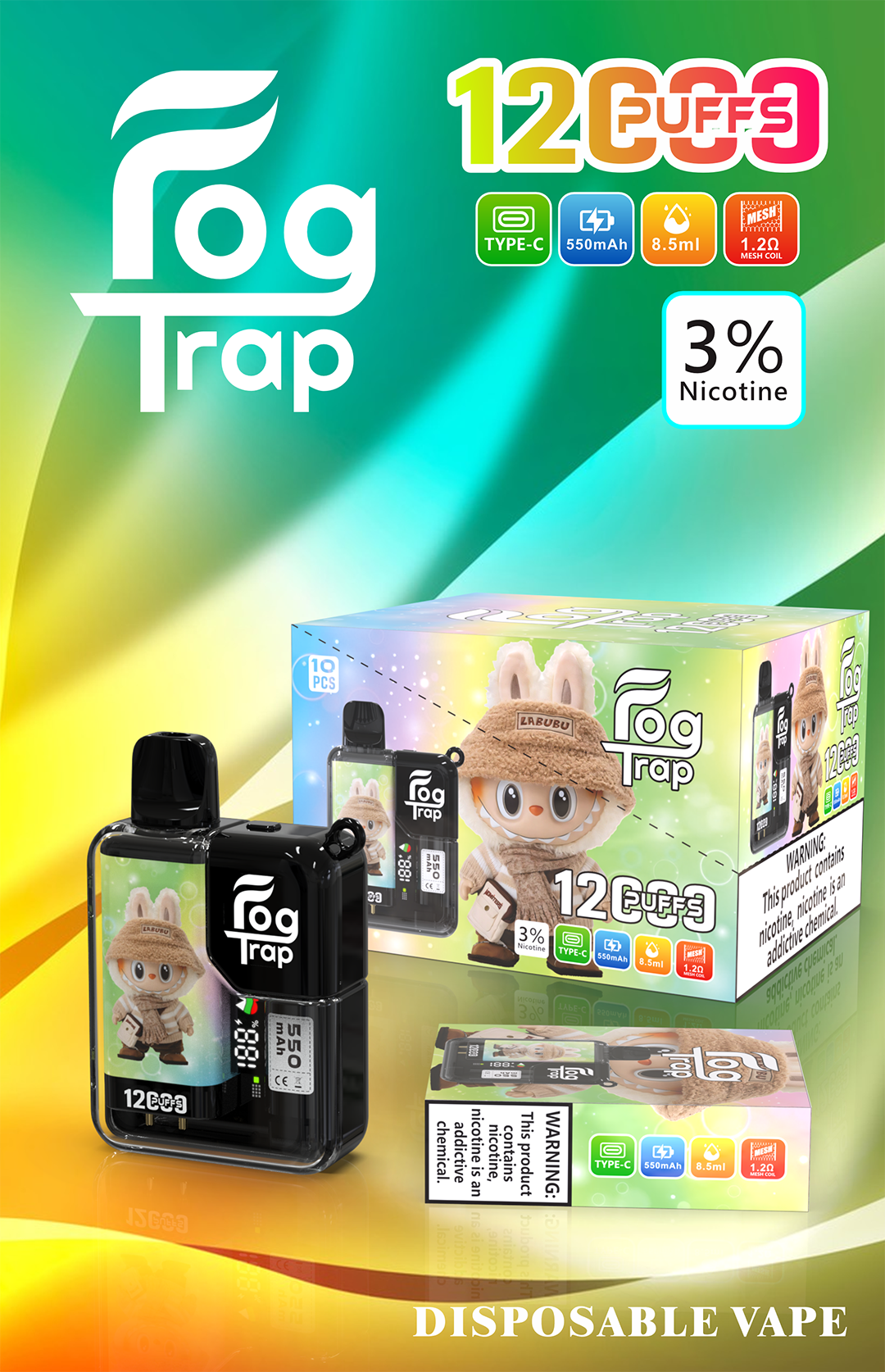 【買10送1優惠中】Fog Trap 限量聯名 蠟筆小新 × LABUBU 12000口拋棄式 雙檔功率切換 油電數位顯示屏 全台現貨:圖片 4