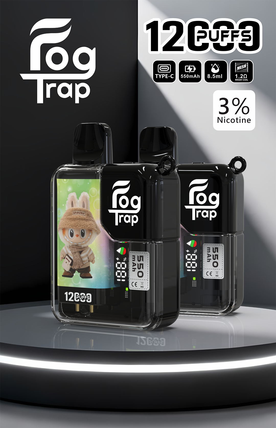 【買10送1優惠中】Fog Trap 限量聯名 蠟筆小新 × LABUBU 12000口拋棄式 雙檔功率切換 油電數位顯示屏 全台現貨:圖片 2