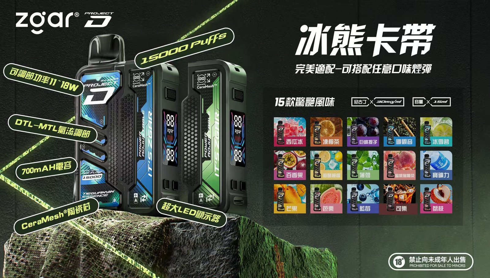 【加購100送主機】Zgar 冰熊卡帶主機&煙彈 15000口可調功率拋棄式 – 700mAh Type-C快充 11-18W輸出 磁吸換彈防漏 15ml煙油 LED顯示 多口味任選 台灣現貨:圖片 2